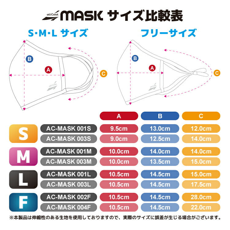 【同色3枚セット】爽快マスク 洗える スポーツ 耳ひも調整可能 フリーサイズ UVカット 吸汗 速乾 伸縮 冷感 紫外線対策 ALL COOL AC-MASK002F/004F 全6カラー