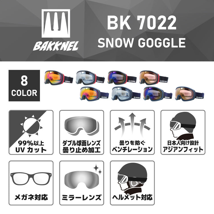 BAKKNEL バクネル BK 7022 眼鏡対応 ヘルメット対応 ミラーレンズ スノーゴーグル スキー スノーボード スノボ 球面ダブルレンズ フレームあり メンズ レディース ウィンタースポーツ 曇り防止 曇り止め 誕生日 プレゼント 男性 女性